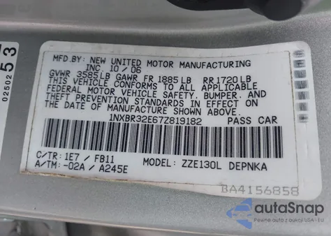 2007 Toyota Corolla Le z USA, uszkodzony, nr VIN 1NXBR32E67Z819182